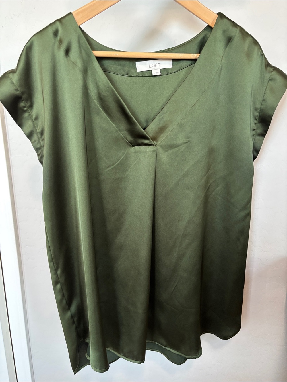 LOFT Olive Satin V-Neck Cap Sleeve Blouse